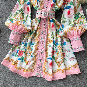 ชุดเดรสพิมพ์ลายคอวีแขนโคมสไตล์พระราชวังสำหรับผู้หญิง รุ่นฤดูใบไม้ผลิ/ฤดูร้อนสไตล์เกาหลี รัดเอว ทรงเอเข้ารูปลายดอกไม้ - Product Image 4