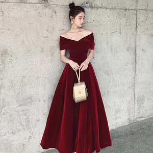 <b>Wine</b> Red Off Shoulder <b>Velvet</b> Evening <b>Dress</b> A Line Empire Waistline For Wedding Engagement - Product Image 1