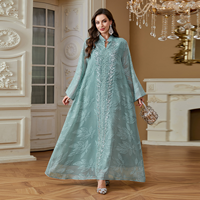 Abaya élégante à col montant, broderie verticale de feuilles, sequins, polyester léger, manches évasées, modeste, formelle, longue, pour adultes
