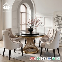 Ensemble de salle à manger rond en marbre intégré pour toute la maison avec plateau tournant et 6 chaises en velours – Idéal pour villas, manoirs et projets de penthouse