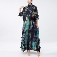 Gaun Maxi Turtleneck Bermotif Geometris Lipit Elegan Formal Cetak Berkualitas Tinggi Miyake untuk Wanita Ukuran Besar, Dapat Disesuaikan ODM 100%
