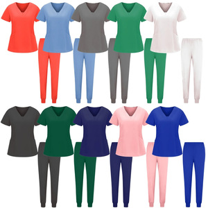 Women Scrub Suit Short Sleeve Ribbed Leg Elastic Split Set Moisture Wicking Hospital Dental Clinic Uniform - Product Image 1