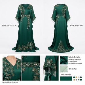 <b>Emerald</b> Green Kaftan Gown with Embroidered Belt and Crystal Tassels Elegant Long Evening Party <b>Dress</b> for Formal Events - Product Image 1