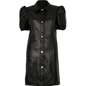 Hot Selling Black Faux <strong>Ather</strong> Waisted Puff Short Sleeve Button up Women Casual Shirt Dress - Product Image 6