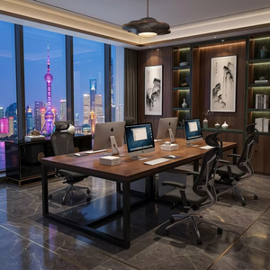 Industrial Style Modern <strong>Solid</strong> <strong>Wood</strong> Four-Person Adjustable Height Computer Conference <strong>Desk</strong> Office <strong>Desk</strong> for Commercial Office Use - Product Image 3