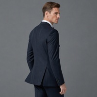 Setelan Jas Pria 2 Potong Bahan Campuran Wol Warna Navy Pinstripe Double Breasted 6 Kancing Kerah Peak Lapel Slim Fit Formal untuk Pernikahan Bisnis Kelas Atas