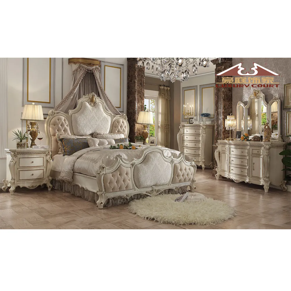 Lüks tasarım king-size yatak beyaz renk tuvalet masası ayna ile gölgelik yatak mobilya toptan yatak odası seti