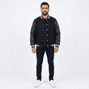 FINER THREADS Classic Cotton Letterman <b>Jacket</b> <b>Leather</b> Sleeves Ribbed Trim Stand Collar Front Logo <b>Men</b> OEM Winter Wear Breathable - Product Image 1