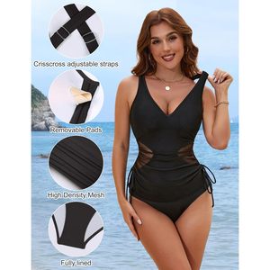Traje de baño de una pieza para mujer con cuello en V, recortes, control de abdomen y tirantes ajustables - Product Image 2