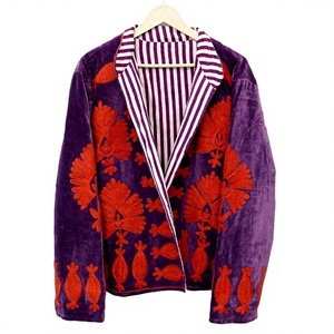 Women's <b>Purple</b> <b>Velvet</b> Blazer Red Floral Embroidery Striped Shawl Collar Open Front Jacket - Product Image 1