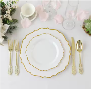 Ensemble d'assiettes jetables en plastique pour fête, avec bords dorés, formes irrégulières, pour fruits, collations, banquets occidentaux et steaks. - Product Image 5