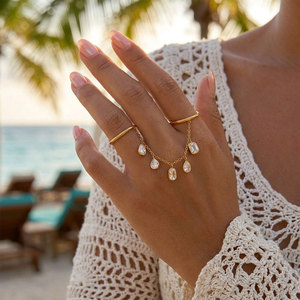 Bague double à pendentif en zircon, en acier inoxydable 316L plaqué or 14k 18k, anti-ternissement, pour doigts - Product Image 1