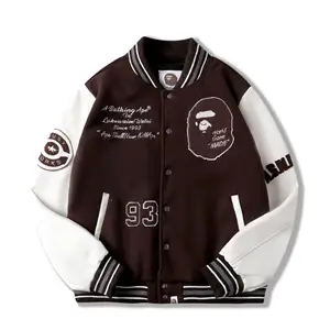 New Design Wholesale Letter Embroidery Ape Jacket Casual PU Leather Sleeve Single-breasted Men Baseball Jacket