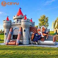 Château gonflable médiéval Ceyu avec cheval et toboggan pour enfants, idéal pour les fêtes, la location, les événements extérieurs et les jeux de terrain de jeu.