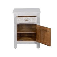 Table de chevet en bois de manguier sculpté à la main avec 2 tiroirs, design floral |   Table de chevet vintage blanche antique pour chambre d'appartement avec rangement
