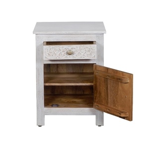 Table de chevet en bois sculptée à la main avec motif floral |   Table de chevet blanche antique avec tiroir et armoire | Meuble de rangement vintage pour chevet - Product Image 3