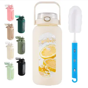 Bouteille d'eau en verre de 64oz avec couvercle en paille et poignée Bouteille en verre de <span class=keywords><strong>motivation</strong></span> d'un demi-gallon avec manchon en silicone et marqueur de temps <span class=keywords><strong>La</strong></span> - Product Image 6