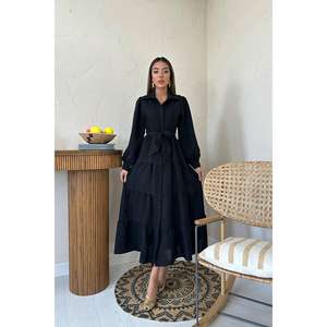 Vestido Negro con Cinturón, Corte en A, Cuello Redondo, Tejido, Uso Diario Informal, Cintura Natural, Lavable - Product Image 5