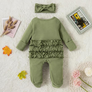 Pyjama en coton gaufré pour nouveau-né, couleur unie, barboteuse zippée à manches longues, combinaison à volants pour bébé, grenouillère avec pieds intégrés - Product Image 5