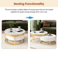 Nouveau Design Table Basse Gigogne Ronde Crème Moderne avec Tiroirs, Table Nid Circulaire Or et Blanc pour Salon