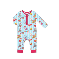 Geprinte bamboe baby romper met lange mouwen, één geheel met drukknopen aan de voorkant, drukknopen in het kruis en contrastkleurige afwerking.