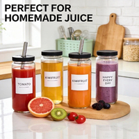Bouteille à jus en verre de 16 oz, bouteilles à jus rondes en verre, bocaux de voyage pour boisson, gobelets à eau avec bouchons à vis noirs