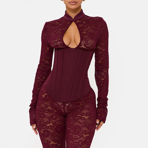 Combinaison moulante en dentelle ajourée pour femme 2026, col montant, manches longues, corset à nouer à la taille, idéale pour les soirées en club - Product Image 5