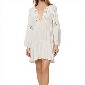 Women Chiffon Deep V Neck Long Sleeve Lace Swim Dress Solid Color Breathable Loose Fit <b>Swimwear</b> Cover Up 1 Piece - Product Image 4