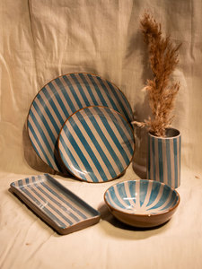 Tasse/Vase en Céramique Grès de Haute Qualité Cuites au Four, Rayures Bleu Turquoise, Faites à la Main, Design Personnalisé à Rayures Rouges, Adaptées au Four et au Micro-ondes - Product Image 3