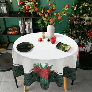 丸い150cmRサイズのクリスマスチェック柄、緑の市松模様のベニバナデザイン、ポリエステル綿のテーブルクロス