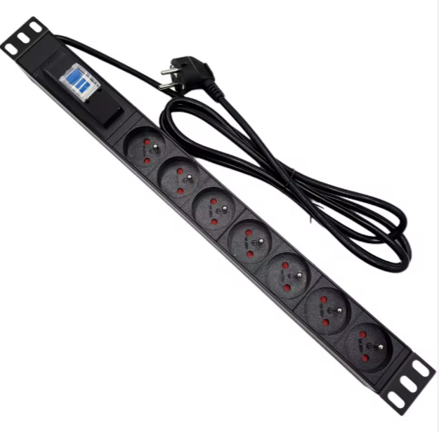Premium 1U 19 Inch 7-Way French Type PDU with 1P Circuit Breaker & European Plug for Network Cabinets & Data Centers