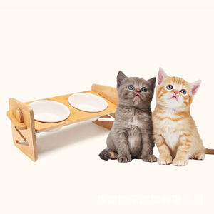 Soporte de bambú y madera para alimentar mascotas, estante para comida de perros, tazón para comida de gatos, dos compartimentos con altura ajustable, hecho a medida para exportación. - Product Image 3