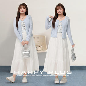 แฮปปี้ พลัสชุดเสื้อคาร์ดิแกนถักสีฟ้ากระโปรงสีขาวพลัสไซส์ผู้หญิงสไตล์สาวนักเรียนลำลอง N9152 - Product Image 5