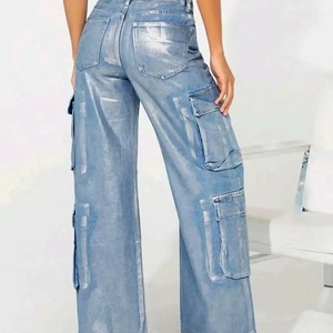 Jean droit taille basse en maille unie style workwear streetwear multi-poches pour femme - Product Image 3