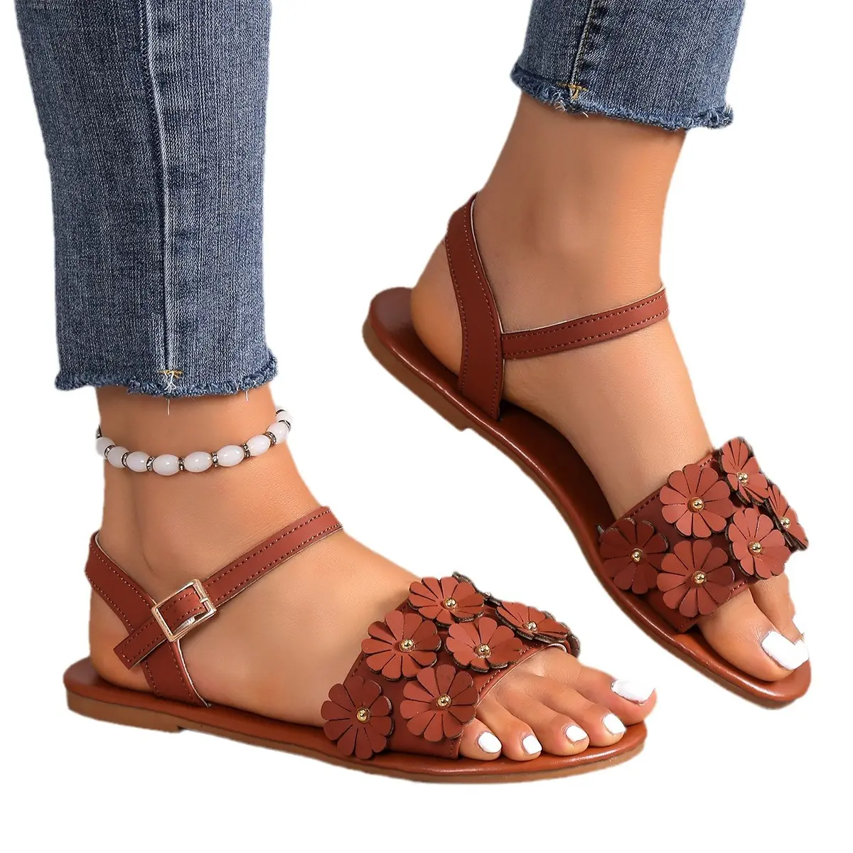 S528 2024 nouveau fond plat fleur sandales loisirs de plein air dames chaussures à lanières femmes sandales bout ouvert plat sandales décontractées