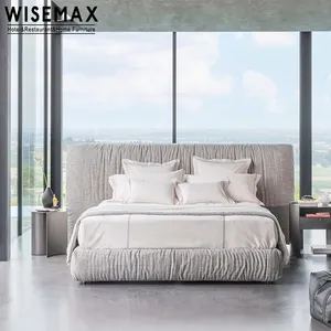 WISEMAX furnitur 2023 desain baru Italia Mewah Kamar Tidur Set mebel tempat tidur ukuran besar kayu Solid kain Linen tempat tidur Modern untuk rumah