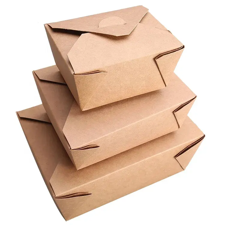 ภาชนะใส่อาหารกล่องอาหารกลางวันกระดาษคราฟท์แบบใช้แล้วทิ้งเก็บได้ป้องกันการรั่วซึมสำหรับร้านอาหาร