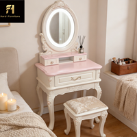 Coiffeuse de luxe française en bois sculpté rose pour chambre de fille, style médiéval européen, avec miroir LED tactile