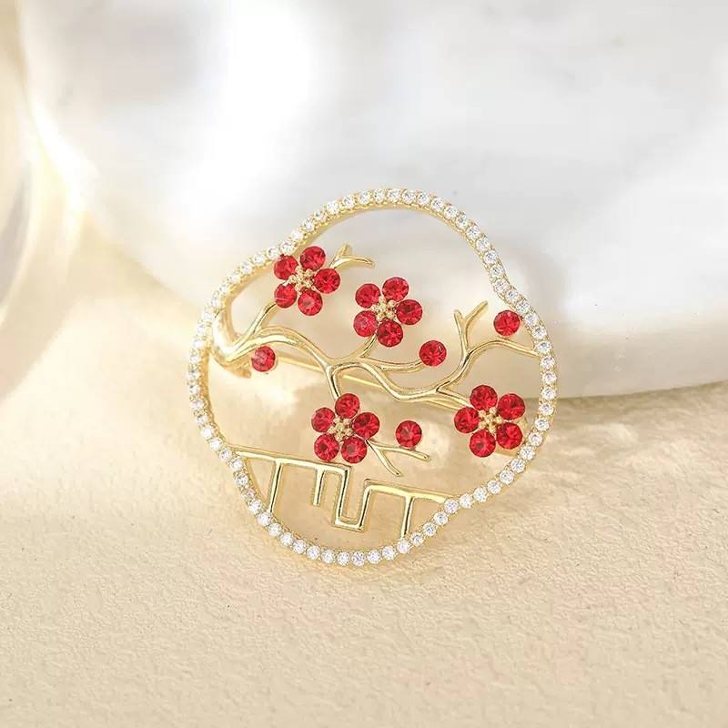 Red Listening Plum Garden Brooch
