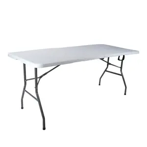 طاولة قابلة للطي من البلاستيك خفيفة الوزن ومتنقلة مع مقبض حمل، مستطيلة وبإطار من الصلب