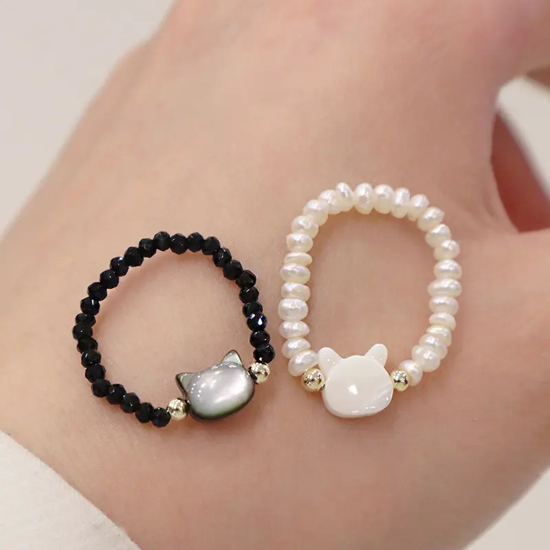 Best-seller anel de mãe-de-pérola natural feminino ins estilo preto e branco gato bidimensional bonito anel elástico empilhável