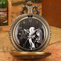 Pendentif Jack et Sally en métal Stempunk bronze vintage antique avec montre de poche et chaîne à mouvement à quartz