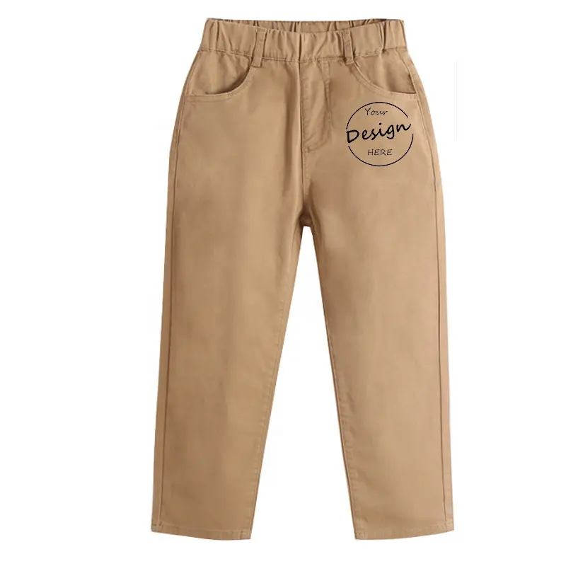Toptan yeni şık gevşek düz özel Logo süper yumuşak okul üniforması pamuk rahat düz çocuklar haki cepli pantolon