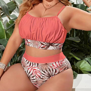 Conjunto de estampado de plantas nuevas de fábrica, <span class=keywords><strong>tirantes</strong></span> plisados en el pecho, cintura alta dividida, <span class=keywords><strong>Bikini</strong></span> de talla grande, traje de baño - Product Image 3