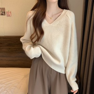 Maglione Pullover da Ragazza in Stile Coreano Morbido e Cucinato, Lavorato a <span class=keywords><strong>Maglia</strong></span>, Autunno Inverno, Vestibilità Ampia e Comoda, Scollo a V, Tinta Unita, Poliestere Spandex - Product Image 3