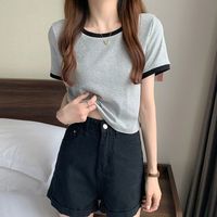 Kaos Wanita Bordir Poliester Kerah Mandarin Lengan Pendek, Model Regular Fit, Bahan Bernapas, Grosir