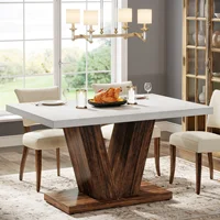 Table à manger convertible en bois de 47 pouces pour 4 personnes, design moderne, table de cuisine rectangulaire blanche, piédestal en forme de V brun rustique, hôtel