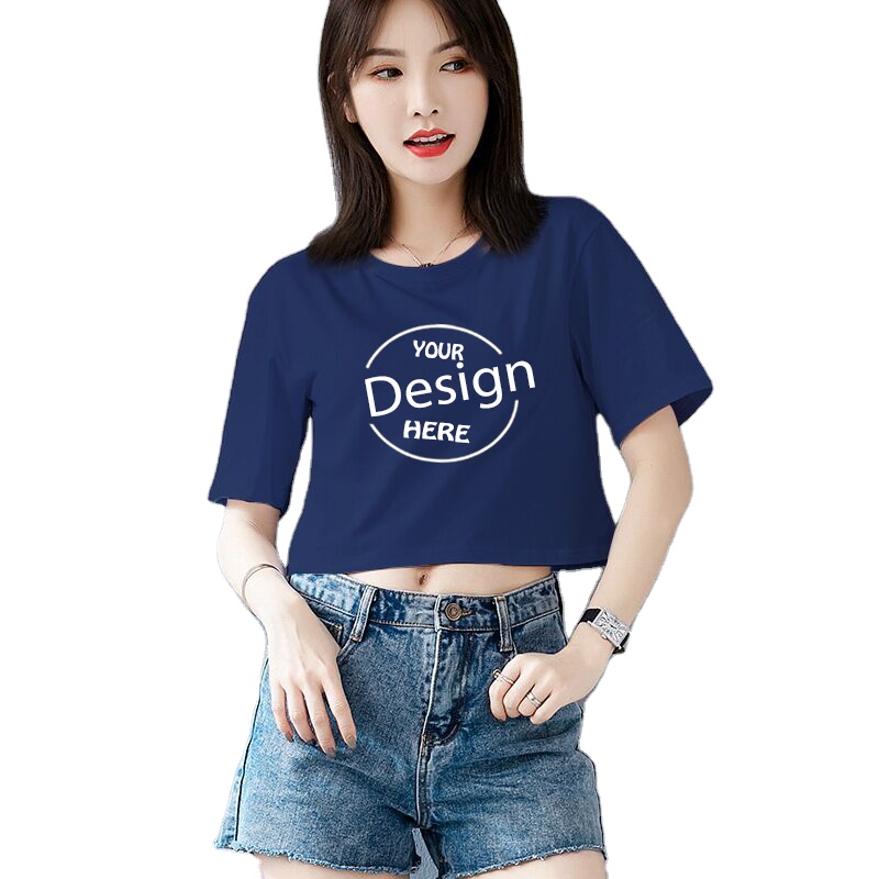 Оптовая продажа, модная летняя дизайнерская облегающая укороченная женская футболка с тепловым принтом, простой женский черный кроп-топ, футболка