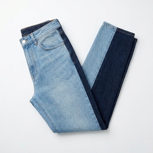 Jean en denim patchwork de haute qualité 2026 pour femme, couleur contrastante, délavé, coupe droite, longueur intégrale, style décontracté, tissu en coton - Product Image 3