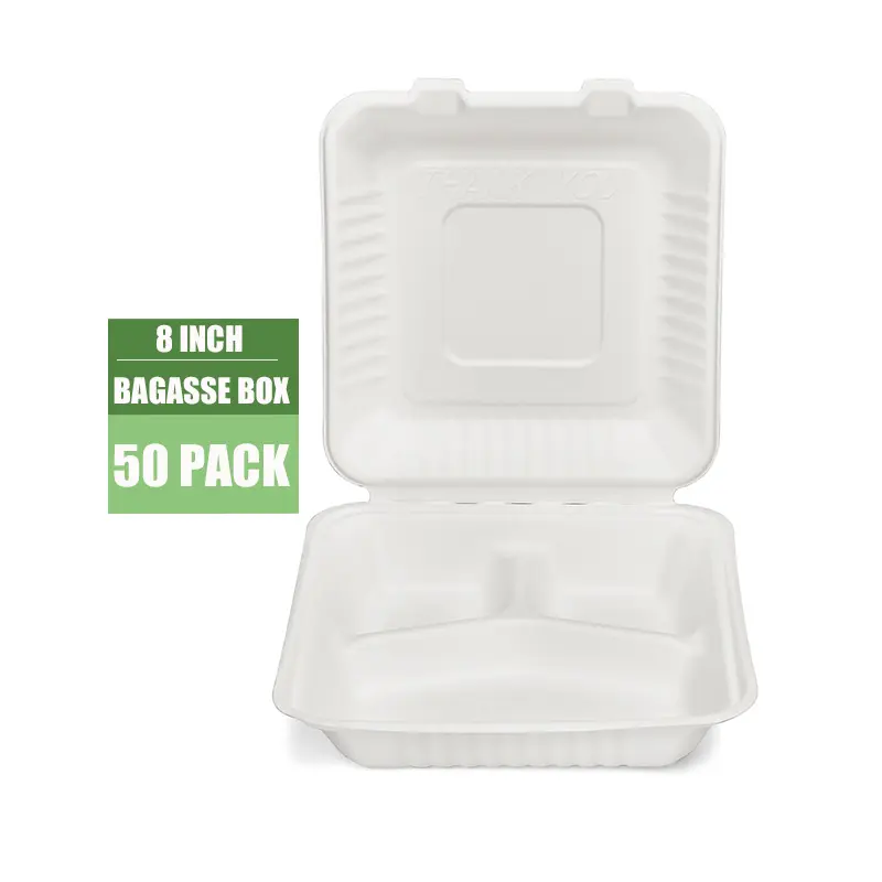 8*8 pulgadas 3 compartimentos desechable biodegradable bagazo de caña de azúcar pulpa de papel Concha para llevar caja de embalaje de alimentos para llevar